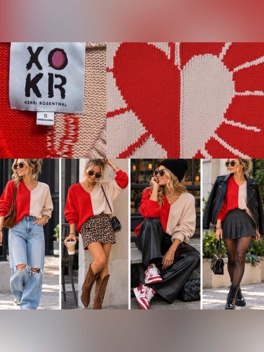 XO KR Kerri Rosenthal Radiant Heart Split Pink Red Colorblock Knit Sweater SMALL
